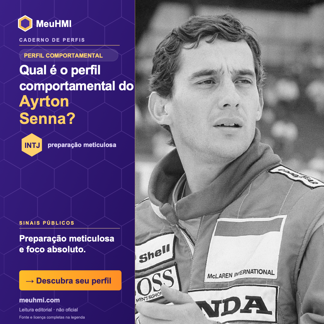 Arte editorial sobre o perfil comportamental de Ayrton Senna, com fotografia e tipo INTJ