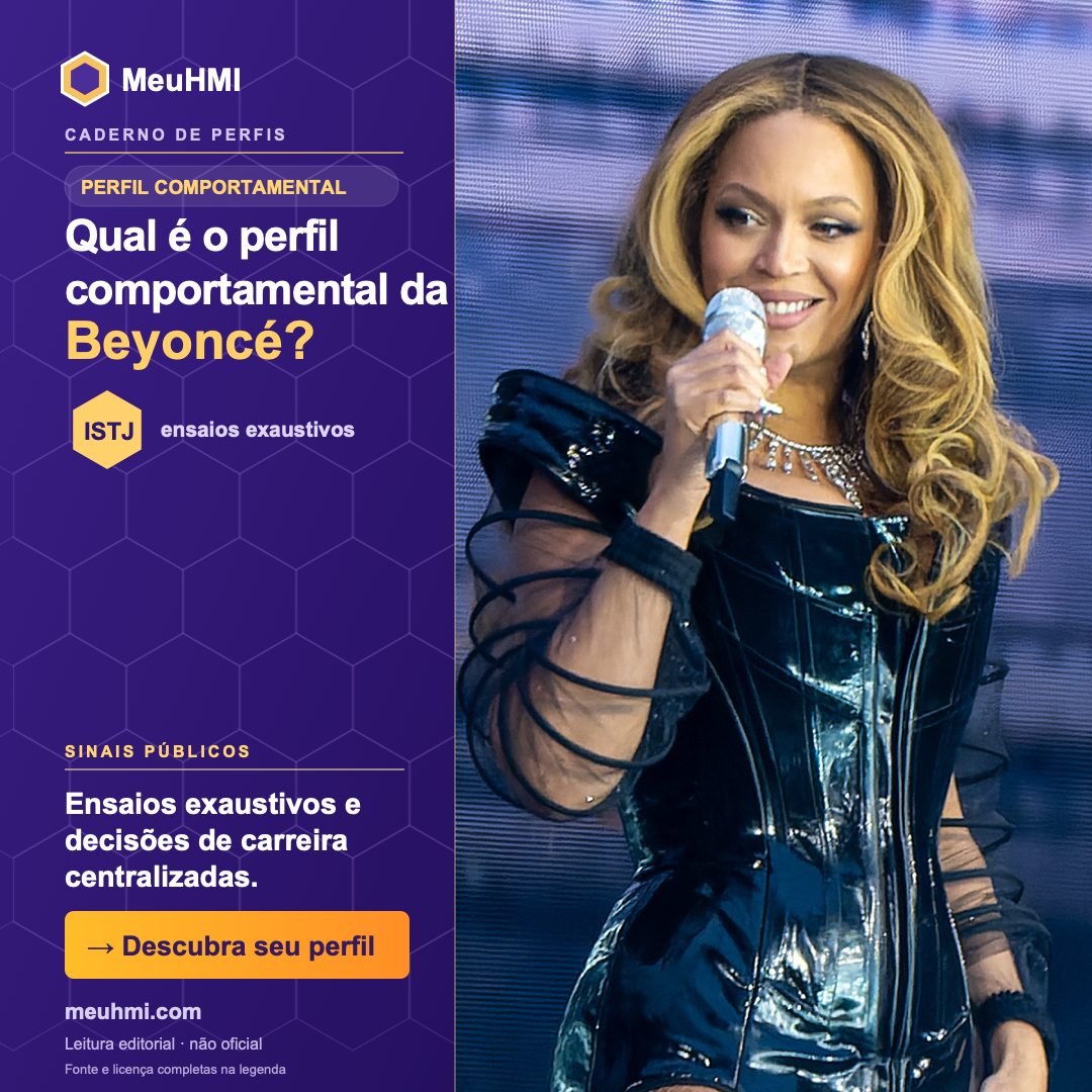 Arte editorial sobre o perfil comportamental de Beyoncé, com fotografia e tipo ISTJ