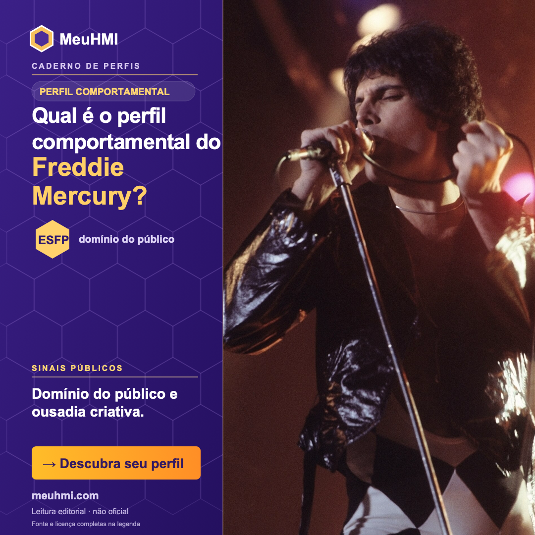 Arte editorial sobre o perfil comportamental de Freddie Mercury, com fotografia e tipo ESFP