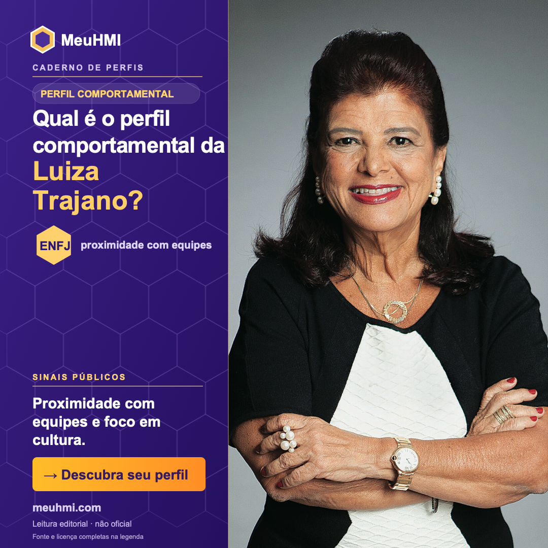 Arte editorial sobre o perfil comportamental de Luiza Helena Trajano, com fotografia e tipo ENFJ