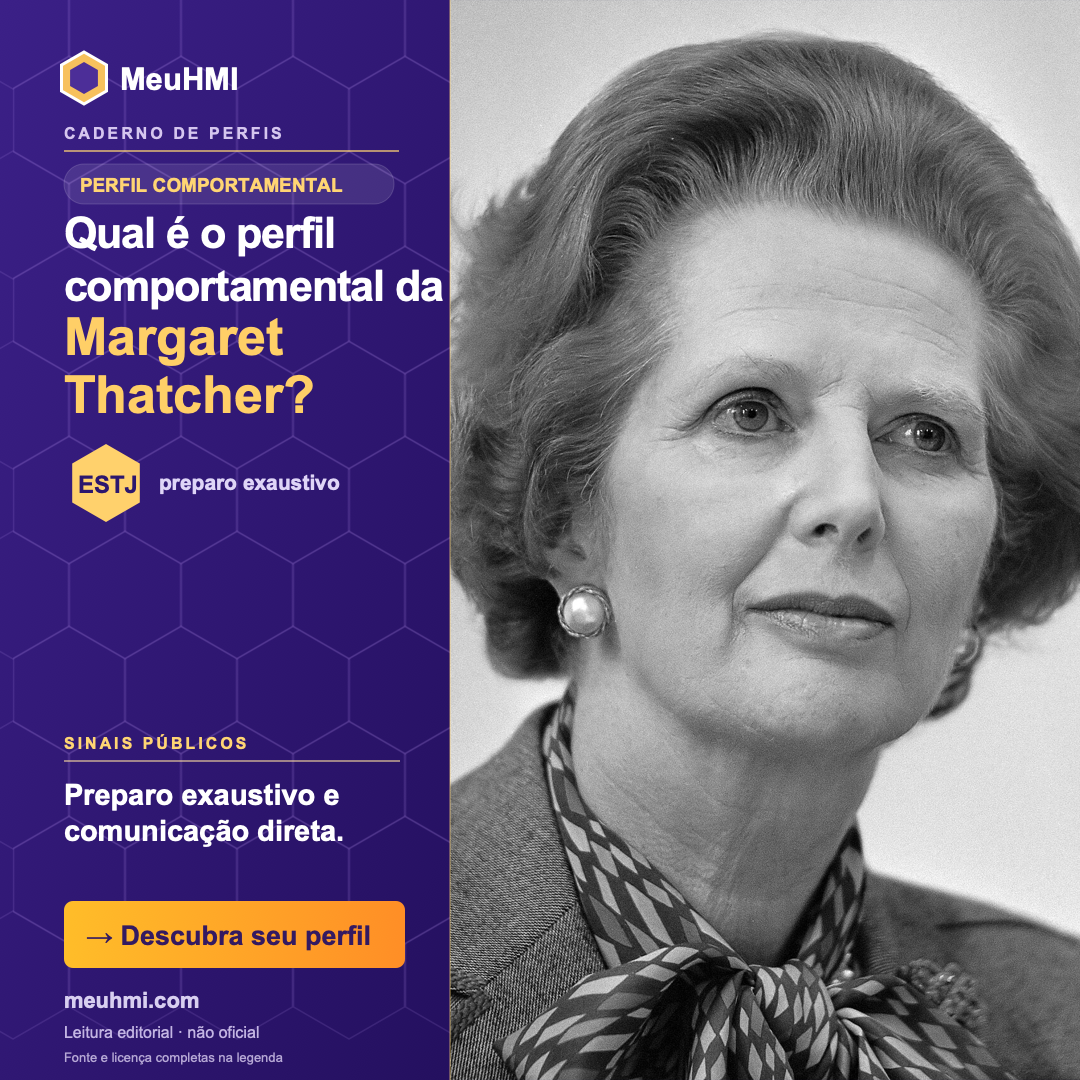 Arte editorial sobre o perfil comportamental de Margaret Thatcher, com fotografia e tipo ESTJ