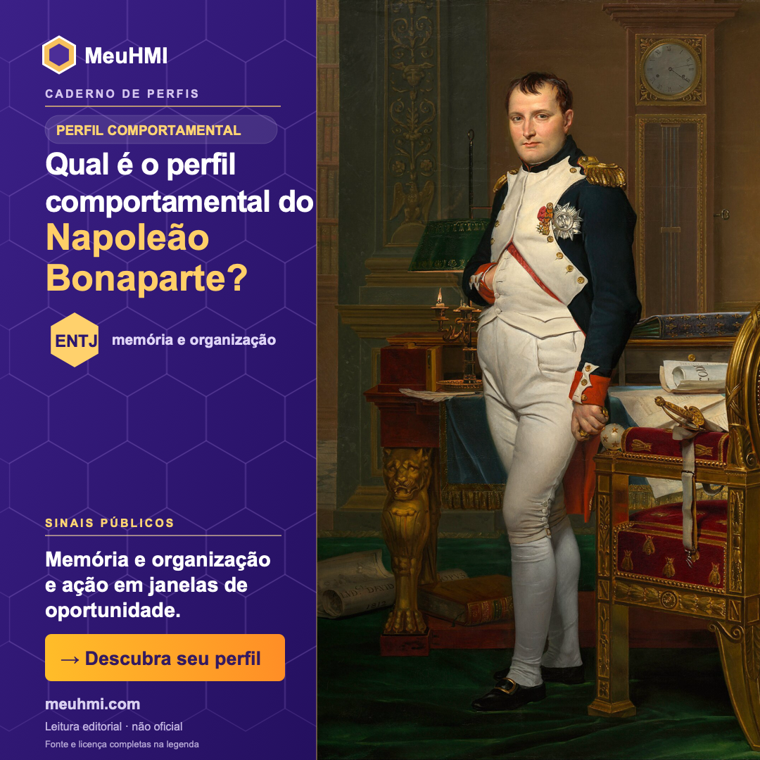 Arte editorial sobre o perfil comportamental de Napoleão Bonaparte, com fotografia e tipo ENTJ