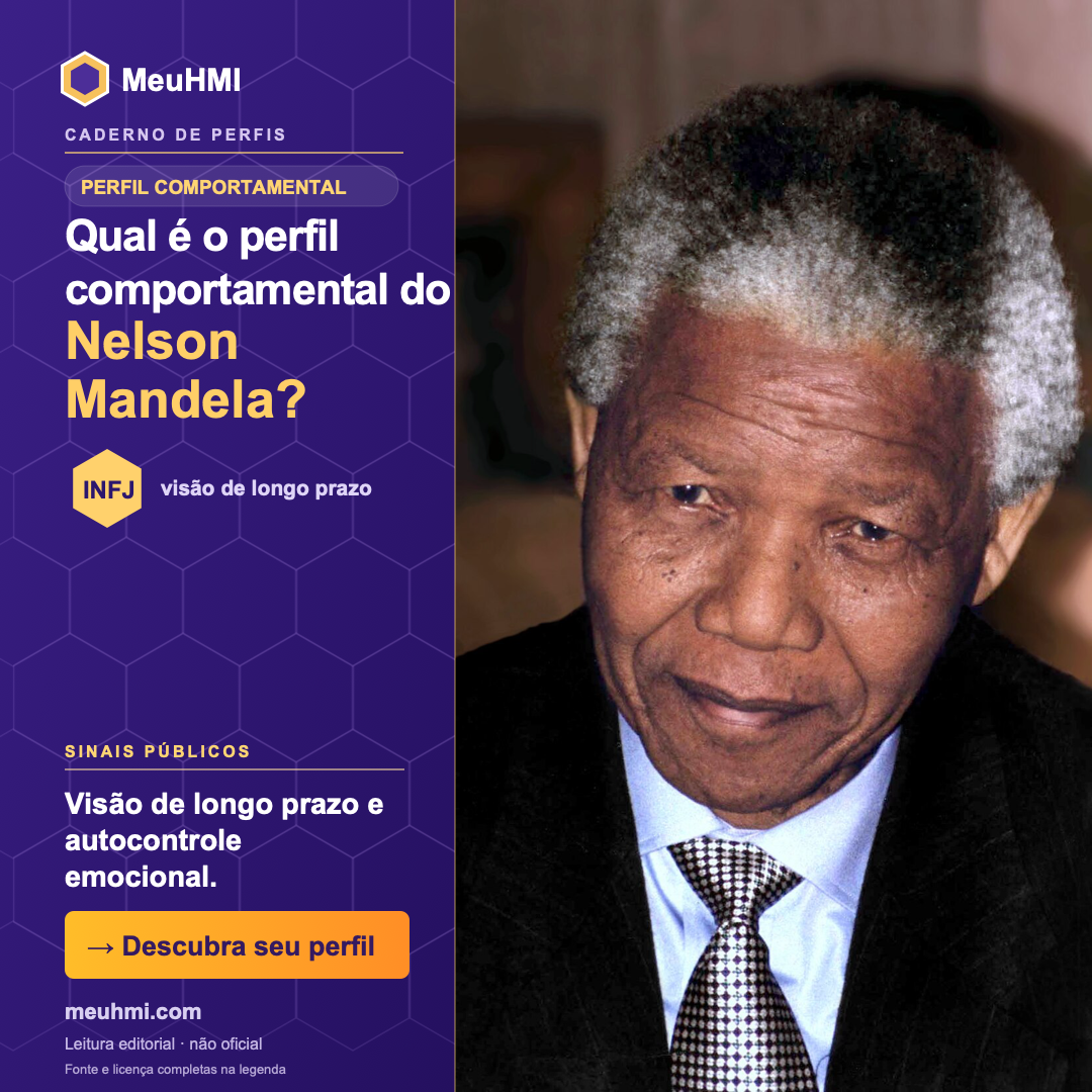 Arte editorial sobre o perfil comportamental de Nelson Mandela, com fotografia e tipo INFJ