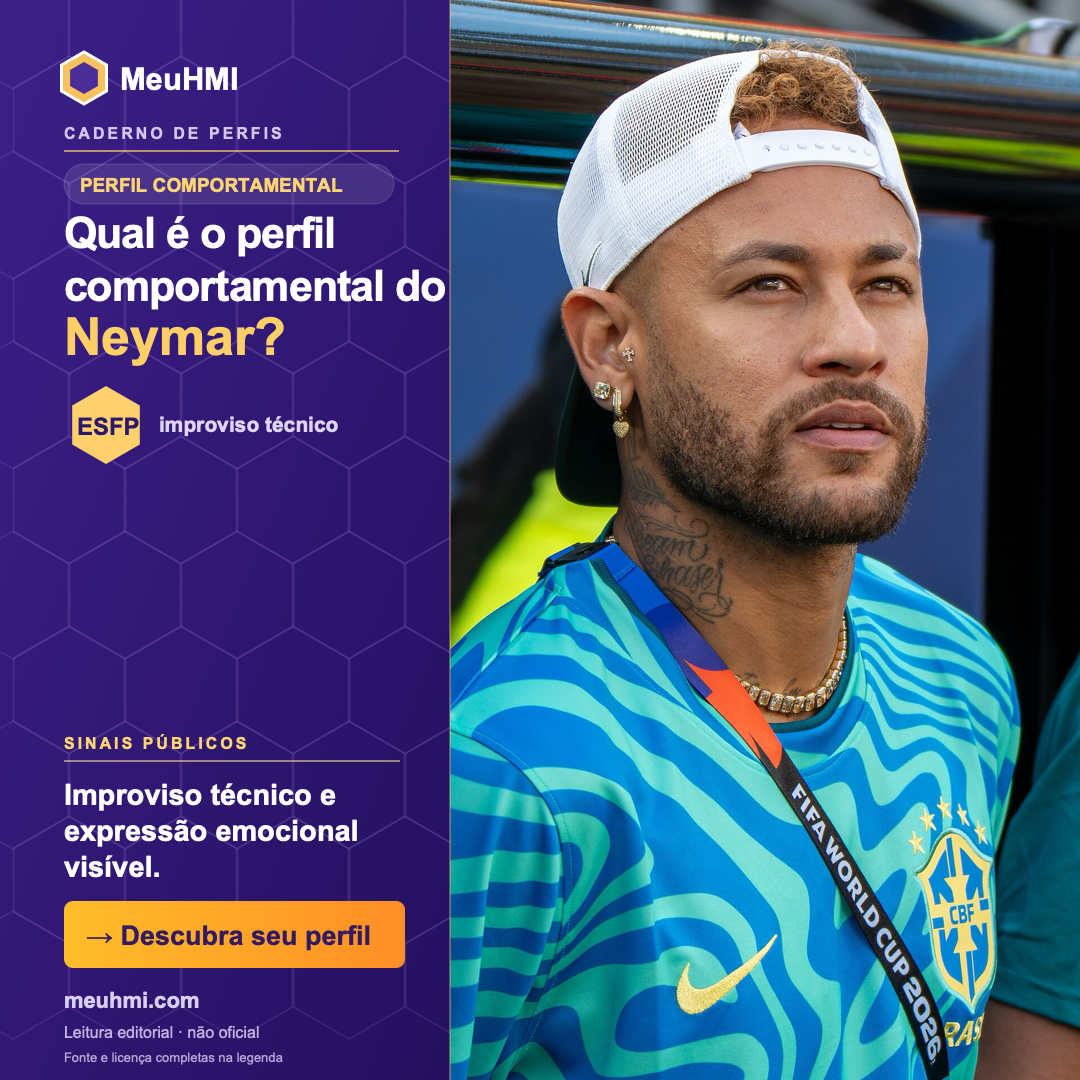 Arte editorial sobre o perfil comportamental de Neymar, com fotografia e tipo ESFP