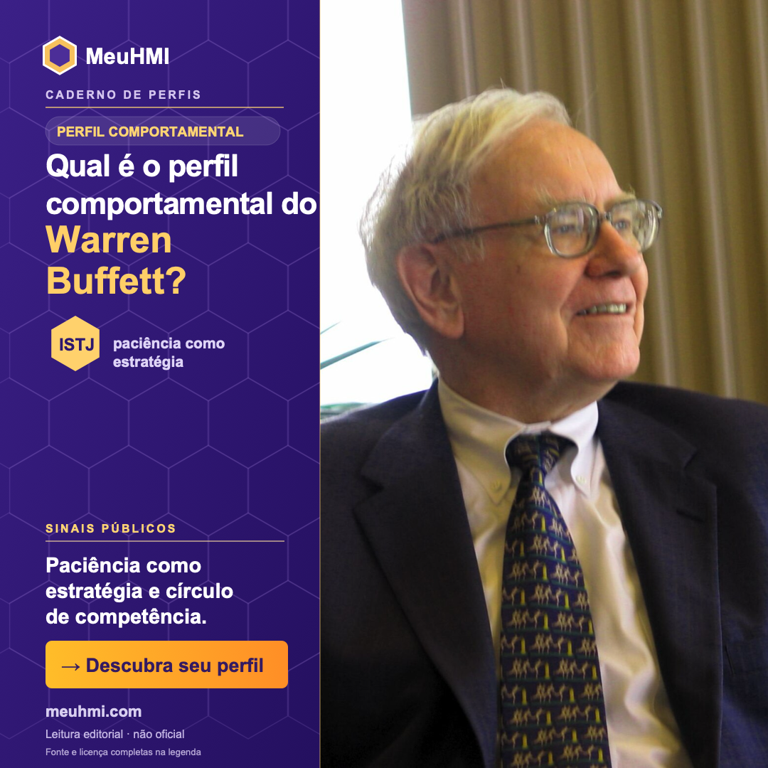 Arte editorial sobre o perfil comportamental de Warren Buffett, com fotografia e tipo ISTJ