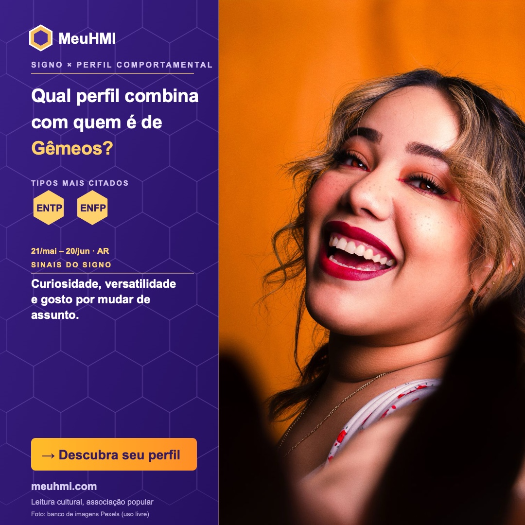Arte editorial do signo de Gêmeos com correspondência aos tipos MBTI e HMI
